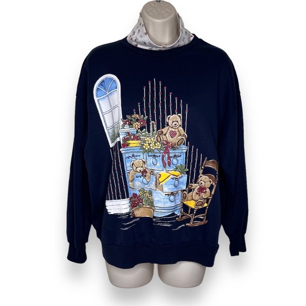 Vintage Basic Editions Navy Sweatshirt Floral Turtleneck Teddy Bear Women Small